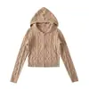 Cardigan con Capucha de Punto Trenzado Estilo Nuevo Primavera y Otoño 2026 para Mujer, Conjunto de Suéter de Color Sólido Estilo Retro Americano + Shorts de Cintura Alta