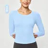 Top de ioga feminino sem costura, caimento justo, de tecido escovado para outono e inverno, com gola redonda clássica, alta elasticidade, respirável, de manga longa para esportes e fitness, transfronteiriço