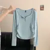 Camiseta de Manga Larga con Botones y Cuello Medio Abierto, Estilosa, de Modal para Mujer, Ajuste Delgado, Venta al por Mayor del Fabricante, Primavera y Otoño