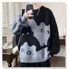 Suéter de Punto Redondo Gris con Gatito de Dibujos Animados para Hombre y Mujer, Chaqueta Pulóver con Combinación de Colores, Top de Punto Suave y Ceroso para Otoño e Invierno