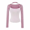 Estilo puramente seductor con diseño de color contrastante, camiseta ajustada de manga larga con cuello halter para mujer, base de camisa de dos piezas simulada, top corto dulce y picante
