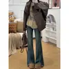 Calça Jeans Flare com Barra Dividida Estilo Americano para Mulheres, Primavera e Verão, Tamanho Plus, para Figuras Curvilíneas, Cintura Alta, Elástica, Emagrecedora, Calça Longa