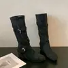 Botas Apiladas con Hebilla de Cuero Mate Estilo Coreano para Mujer 2026 Nuevo Llegado de Verano Botas de Caballero Adelgazantes Versátiles Ropa Exterior Botas a Media Pantorrilla