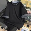Camiseta de Manga Corta Patchwork con Volantes de Cuadrícula para Hombre Verano Retro Americano Marca de Moda Cuello Pequeño Camiseta de Manga Media Holgada de Peso Pesado