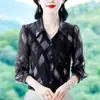 Foto real de camisa de manga larga para mujer, nueva colección de otoño 2026, top estampado elegante, juvenil y versátil para el trabajo
