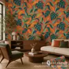 Impresión UV adhesivo para pared Rojo coral azul verde hojas densas Pared de fondo de dormitorio Impresión personalizada al por mayor