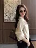 Tricô Francês com Gola Polo Cor Damasco de Manga Longa para Mulheres Início do Outono Tricô de Base com Camisa para Usar por Baixo e Top Elegante