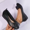 Otoño Nuevo Estilo Zapatos Planos con Lazo y Punta Redonda de Tacón Medio de Boca Baja para Mujer Comercio Exterior Tacón de Cuña Retro Suela Suave Cuatro Estaciones Zapatos de Trabajo Tipo Mocasín
