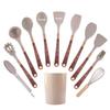 Atacado Utensílios de Cozinha de Silicone com Textura de Madeira Conjunto de 11 Peças Frigideira Antiaderente Colher Espátula Conjunto Anti-queimadura Utensílios de Cozinha com Cabo de Textura de Madeira Banhado a Ouro