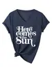 Here Comes the Sun Tienda Independiente de Amazon Wish Camiseta Cómoda y Versátil de Manga Corta con Cuello en V para Mujer para Comercio Exterior