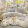 Conjunto de cama de quatro peças em veludo de leite bordado estilo francês, espessado para aquecimento de inverno, com acabamento em renda, lençol de cama em fleece coral e roupa de cama de solteiro