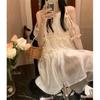 Vestido Blanco Puro Deseo Hombros Descubiertos Cuello Redondo para Mujer Nuevo Verano Estilo Suave Elegante Dulce Vestido Primer Amor