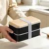 Lonchera con Compartimentos, Lonchera de Doble Capa, Gran Capacidad, Lonchera de Plástico Estilo Japonés con Correas, Acabado Madera, Lonchera Bento Caliente de Venta Transfronteriza