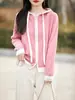 Novo Cardigã Suéter com Capuz 100% Lã Pura Feminino Top Solto Zíper Capuz Cor Contrastante Jaqueta Tricot Lazy