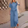 Amazon Cross-Border Conjunto Casual de Algodão e Linho Cor Lisa Feminino Verão 2025 Novo Conjunto de Duas Peças com Camiseta de Manga Curta e Calça Pantalona
