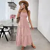 8 cores, popular nos mercados europeu e americano, vestido feminino sem costas com amarração no pescoço, saia em camadas, detalhe de amarrar e um grande laço na cintura, qualidade de exportação
