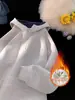 Moletom com Capuz Espesso Forrado de Lã Azul Marinho Outono e Inverno com Botões Gola Meia-Alta para Homens e Mulheres Estilo Americano Jaqueta Pesada Rígida Preguiçosa