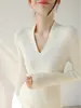 Elegante Suéter de Punto Ajustado con Cuello en V y Textura de Ondas de Agua para Mujer, Jersey de Lana Básico de Manga Larga para Otoño e Invierno