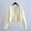 Top de Punto Corto con Cuello en V para Mujer Estilo Coreano con Diseño Floral 3D, Nuevo Estilo Otoño e Invierno, Cárdigan Fresco y Juvenil
