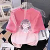 Camiseta Infantil Gradiente de Manga Curta para Meninas, Nova Blusa Estampada de Verão para Crianças Maiores, Estilo Coreano, Solta, Versátil, Respirável e Moderna