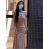 Vestido largo elegante con cordón, plisado, cuello cuadrado retorcido, manga larga para mujer, otoño, corte ajustado a la cintura, línea A, transfronterizo