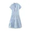 Moda Femenina Europea y Americana de Verano Estilo Europeo y Americano Vestido Hueco Bordado con Botones de Manga Corta con Solapa para Mujer