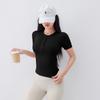 [Estilo Fino de Verão] Casual Esportivo Manga Curta Feminino Costela Fitness Roupa Botão Gola Henry Yoga Roupa Top Camiseta