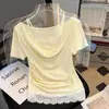 Camiseta de Manga Corta para Mujer, Nuevo Estilo Verano 2026, Estilo Francés Pura Pasión, Empalme de Encaje, Top Corto Ajustado, Moderno