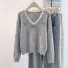 Suéter de tricô com decote V em renda e mangas compridas para mulheres, adequado para primavera e outono, tamanho plus size, valoriza silhuetas um pouco cheias, com detalhe de laço estilo francês