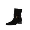 Botas Chelsea Retro Francesas de Camurça de Couro Bovino de Primeira Camada Outono e Inverno 2025 Salto Médio Grosso Bico Quadrado Couro Genuíno Botas Curtas para Mulheres