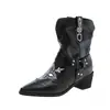 Primeiro Encontro Ji Estilo Retrô Botas de Cowboy Ocidentais Pretas Femininas Bico Fino Bordado Rebites Fivela de Couro Salto Grosso Botas de Cano Curto Outono 2026