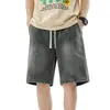 Bermuda Jeans Masculina de Verão 2026, Corte Reto Solto, Cordão Vintage, Patchwork Fino, Cintura Elástica