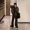 Jeans de pierna ancha con estampado de leopardo para mujer, forrados de polar y engrosados para otoño, nuevo diseño de cintura alta, efecto adelgazante, pierna recta, pantalones hasta el suelo