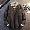 Suéter de Punto Retro Americano con Cuello Polo Falso de Dos Piezas para Hombre en Otoño e Invierno, Estilo Perezoso Ajuste Holgado Suéter Multicolor