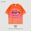 Camiseta de Manga Corta Estampada de Boca Grande Parodia Hip-Hop Retro Americano Lavado Pesado Cuello Redondo Tops de Pareja Transfronterizo