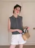 Colete de Malha de Manga Curta com Gola Polo de Alto Padrão Estilo Old Money para Mulheres, Camiseta de Tricô Off-Shoulder, Top Curto Leve de Verão com Gola Reversível