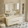 Gabinete de baño con lavabo integrado de piedra chapado en oro de lujo ligero estilo italiano, juego de tocador para baño