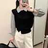 Suéter feminino estilo coreano de duas peças falsas, design simples inspirado na dopamina, novo top de malha com botões e barra listrada em patchwork