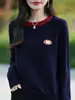 Suéter redondo de punto con diseño moderno, logo personalizado, bloques de color, para mujer, otoño e invierno, ajuste holgado, estampado, bordado, chaqueta casual