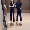 Jeans de Ocho Puntos Talla Grande para Mujer Verano Delgado Chica Gordita Pequeña Cintura Alta Adelgazantes Elásticos Borde de Carnero Tubo Recto Pantalones
