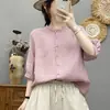 Verão Novo Estilo Manga Média Versátil Cardigã Liso Emagrecedor Algodão Linho Manga Meia Manga Camisa Top Feminino Gola Alta Design com Bolso