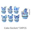 Tela de fondo de forma irregular para fiesta de cumpleaños de mariposa azul, serpentinas con purpurina, decoraciones colgantes en espiral, globos, adornos para pasteles y decoraciones