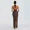 Vestido Halter Ajustado de Escote Profundo en V con Lentejuelas, Vestido Largo Sirena Cruzado Fruncido, Ropa Elegante para Fiesta para un Look Sexy y Puro