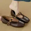 Sapatos rasos quadrados retrô estilo francês para mulheres, novo modelo outono 2026, fivela de metal floral dourada, sapatos casuais baixos de peça única para mulheres