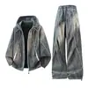 Conjunto Deportivo con Capucha Tie-Dye Negro Tinta para Hombre Otoño Moda Exterior Chaqueta Casual Pantalones Casuales de Pierna Ancha