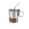 Taza portátil de acero inoxidable 304 con popote, asa con veta de madera, taza de café para exteriores, vaso de agua irrompible, taza con popote