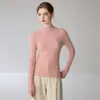 Suéter de cashmere canelado de gola semi-alta simples e elegante para mulheres, cor sólida, caimento justo, macio, suéter base de lã de manga comprida