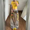 Camisa Xadrez Amarela, Calça Jeans Estampada, Calça Feminina, Nova Moda Verão 2026, Calça Larga Solta, Calça Scimitar