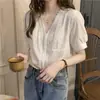 Camisa blanca de verano 2026 nuevo estilo con cuello de encaje y manga abullonada, diseño único, blusa de manga corta madura y elegante para mujer