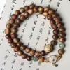 Pulsera de doble círculo Qinan Chen Xiang, método antiguo, con jaspe dorado, flor de peonía, tarjeta de mano, diseño original, pulsera de cuentas de jade tejida a mano